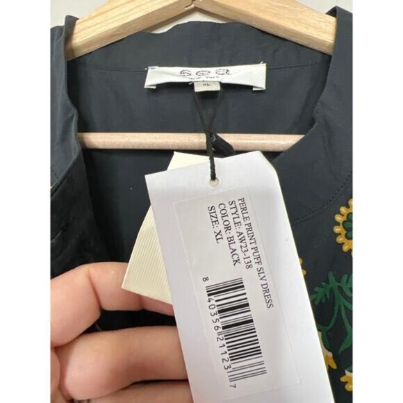 NWT Sea New York Tie Waist Perle Print Puff Sleeve Mini Dress Black Size: XL - Picture 5 of 7